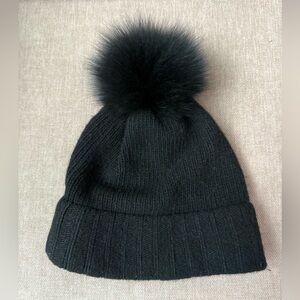Portolano Black Cashmere Knit Beanie Hat with Real Fox Fur PomPom OS